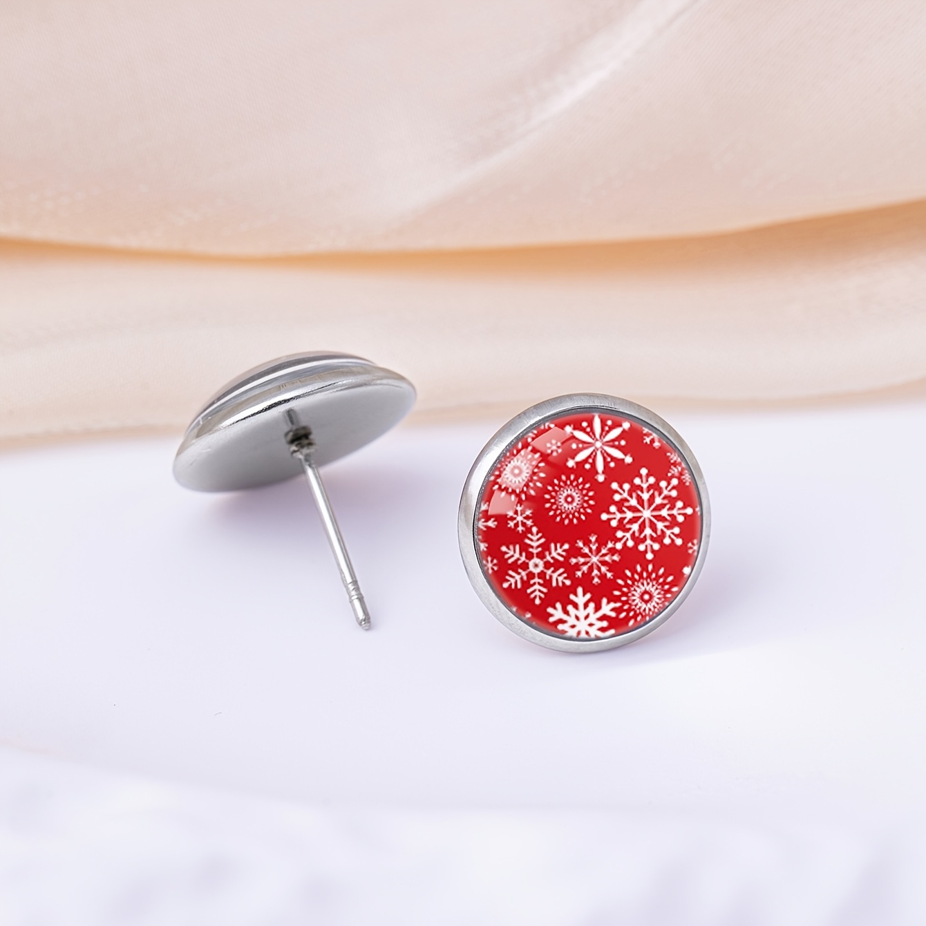 Women's Red Snowflake Patterned Stainless Steel Stud Earrings